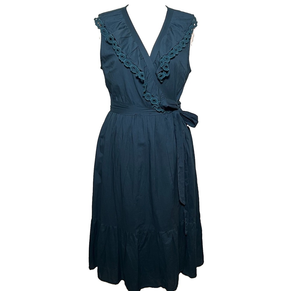 Cottage Whimsical Teal Ruffle Wrap Dress XL Boho Crochet Lace Trim Ny & Co NWT